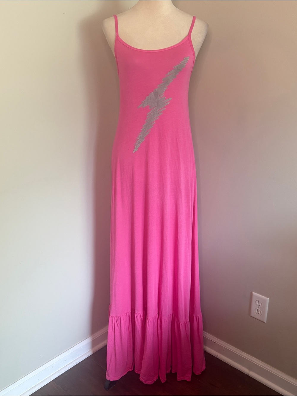 Lauren Moshi Beatrix Scribble Pink Maxi Slip Tank Dress Silver Lightning Small